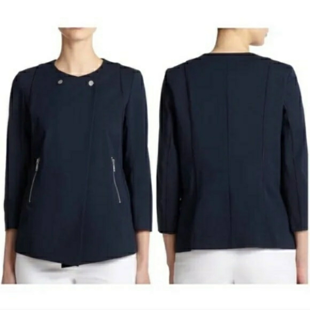 Lafayette 148 Navy Blue Dayle Jacket Zipper Snap Closure Cotton Stretch Size 10